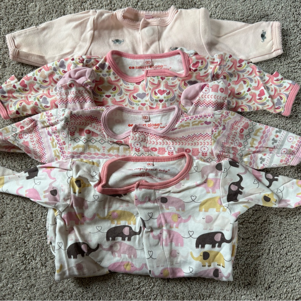 Magnetic Me Baby Pink and Cream Elephant Onesies, bundle of 4